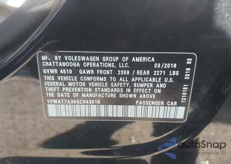 2016 Volkswagen Passat 1.8T S from USA, damaged, VIN 1VWAT7A38GC043519